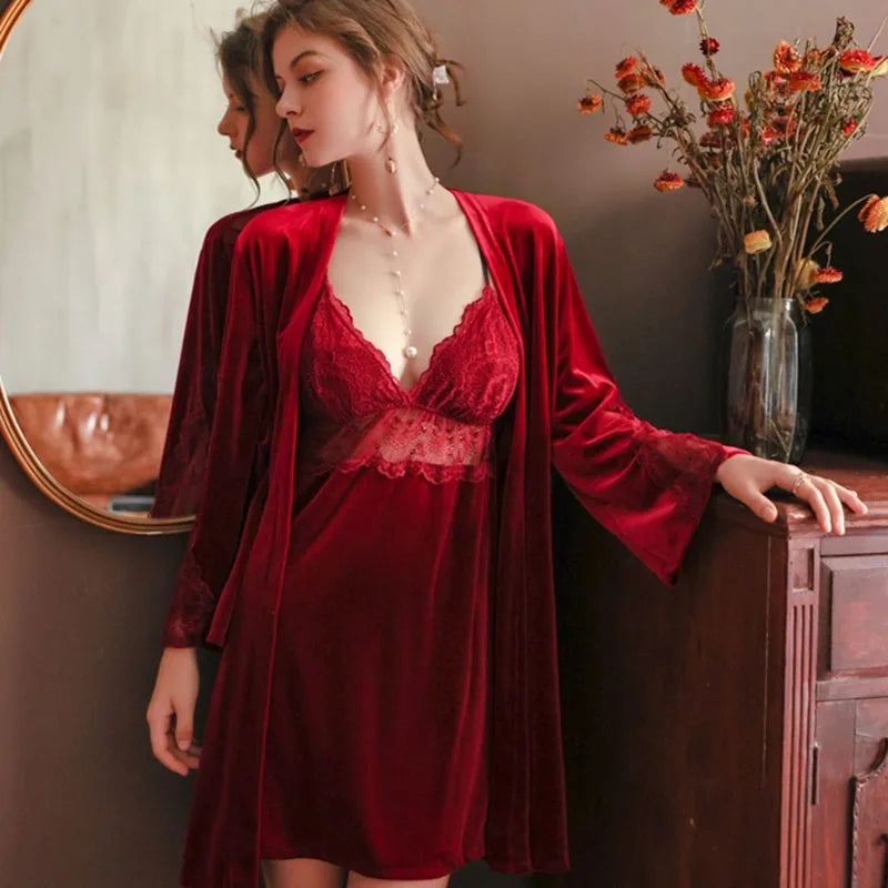 US Warehouse] Sexy Women's Pajamas Red Velvet Robe Home Clothes See-through  Mesh Patchwork Dress Robe Set  Beauty Corner