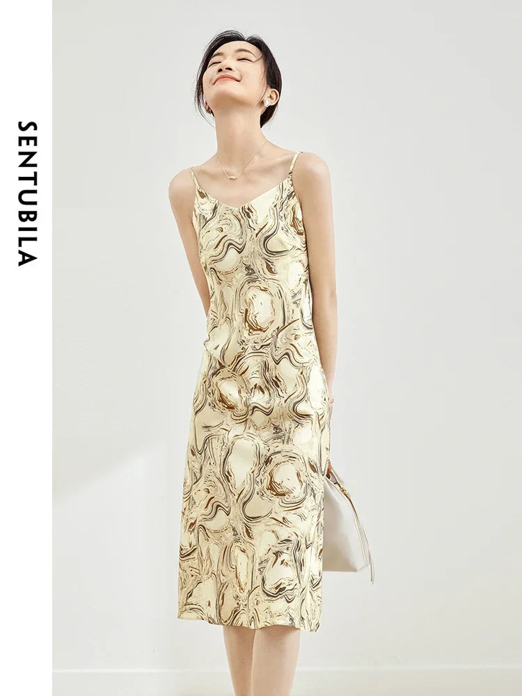 [US warehouse] SENTUBILA women's suspender mid-length printed dress,  fashionable sundress, elegant lady's slim suspender dress
