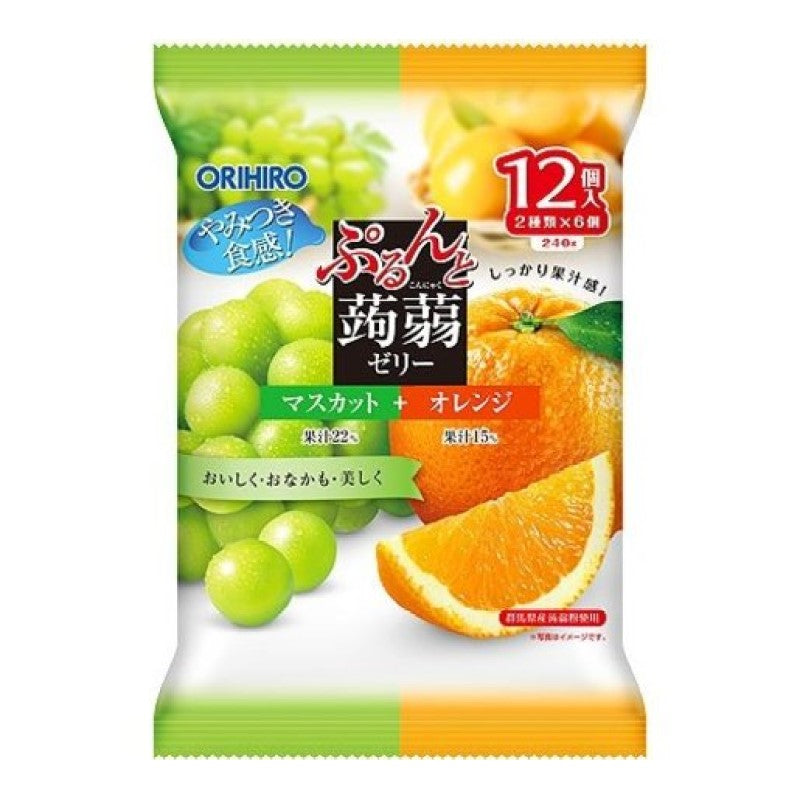 【自营】日本ORIHIRO立喜乐 低卡蒟蒻果汁果冻 12枚装 即食方便 青提+香橙双拼味