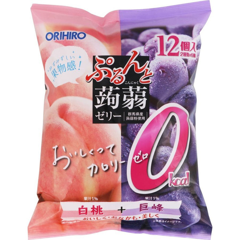 【自营】日本ORIHIRO立喜乐 低卡蒟蒻果汁果冻 12枚装 即食方便 白桃+巨峰双拼味