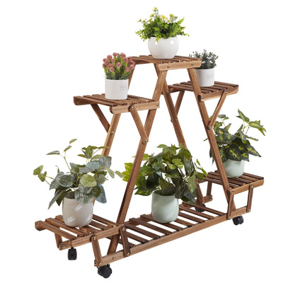 【美国仓】三角形植物架 6盆栽木植物架花盆架展示储物架 带轮子用于园艺
