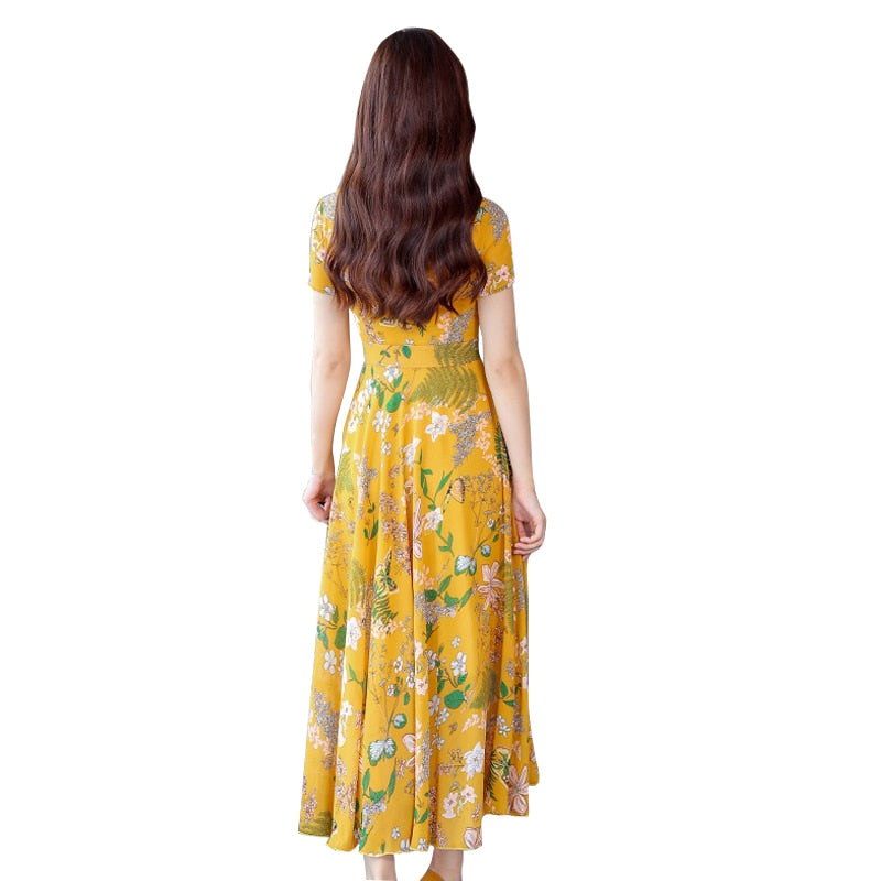 【美国仓】短袖女士优雅复古波西米亚风派对礼服 长款夏季花卉印花休闲沙滩裙