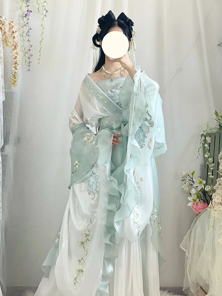 【美国仓】中式汉服连衣裙女古装传统绣花汉服套装 仙女角色扮演服装绿色汉服舞蹈服