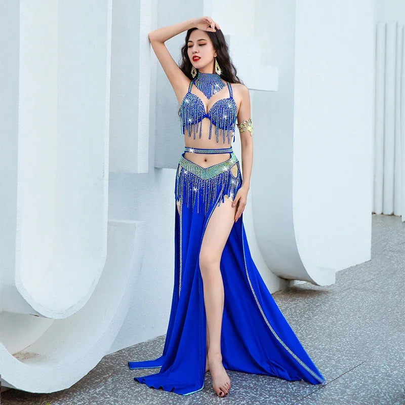 US Warehouse] Belly Dance Set Diamond Tassel Bra Long Skirt