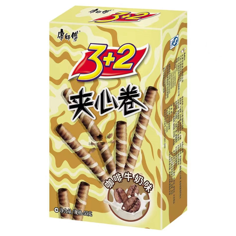 【自营】中国MASTER KONG康师傅 3+2夹心卷 55g 美味香脆夹心蛋卷 咖啡牛奶味