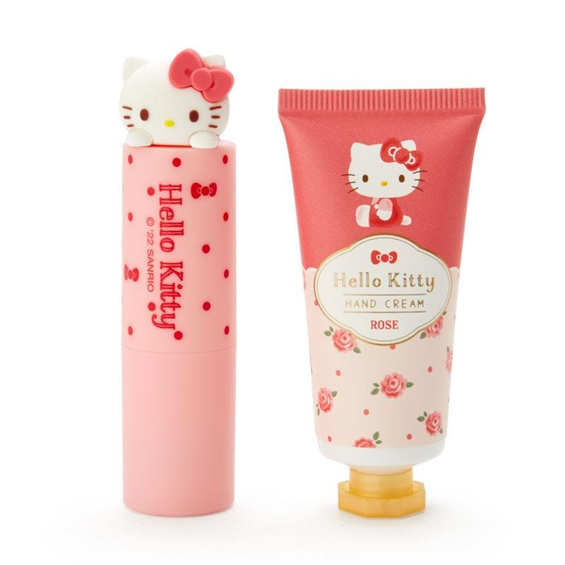 【自营】日本Sanrio三丽鸥 唇膏+护手霜套盒 Kitty猫 玫瑰香 便携实用套盒