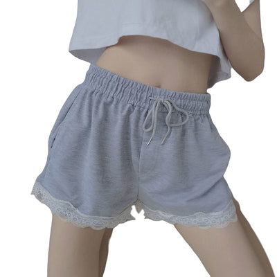 【美国仓】夏季女式休闲甜美蕾丝短裤 宽松透气系带纯色短裤