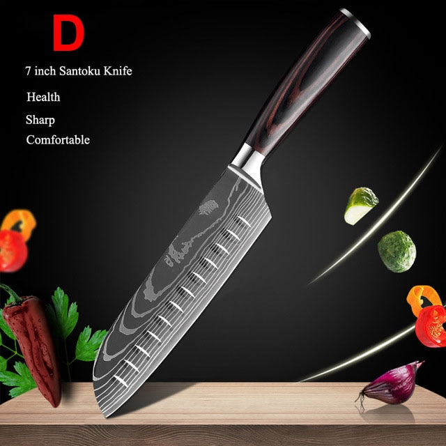 【美国仓】日本菜刀套装 激光大马士革图案 不锈钢锋利切割刀 厨房刀具