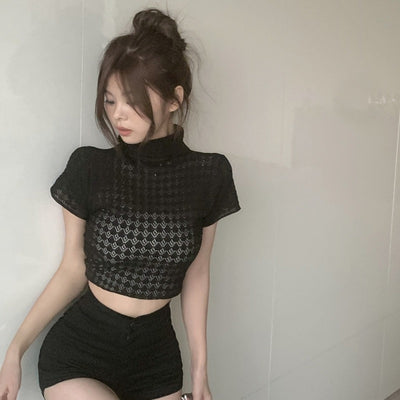 【美国仓】女士高领针织短袖T恤 韩版甜美紧身露脐上衣