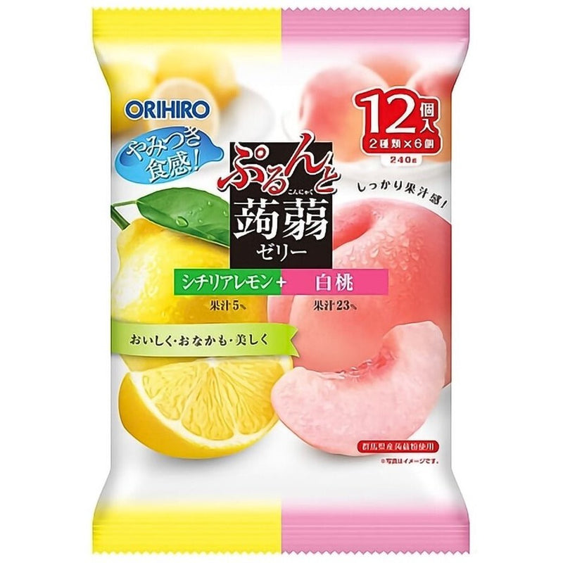 【自营】日本ORIHIRO立喜乐 低卡蒟蒻果汁果冻 12枚装 即食方便 柠檬+白桃双拼味